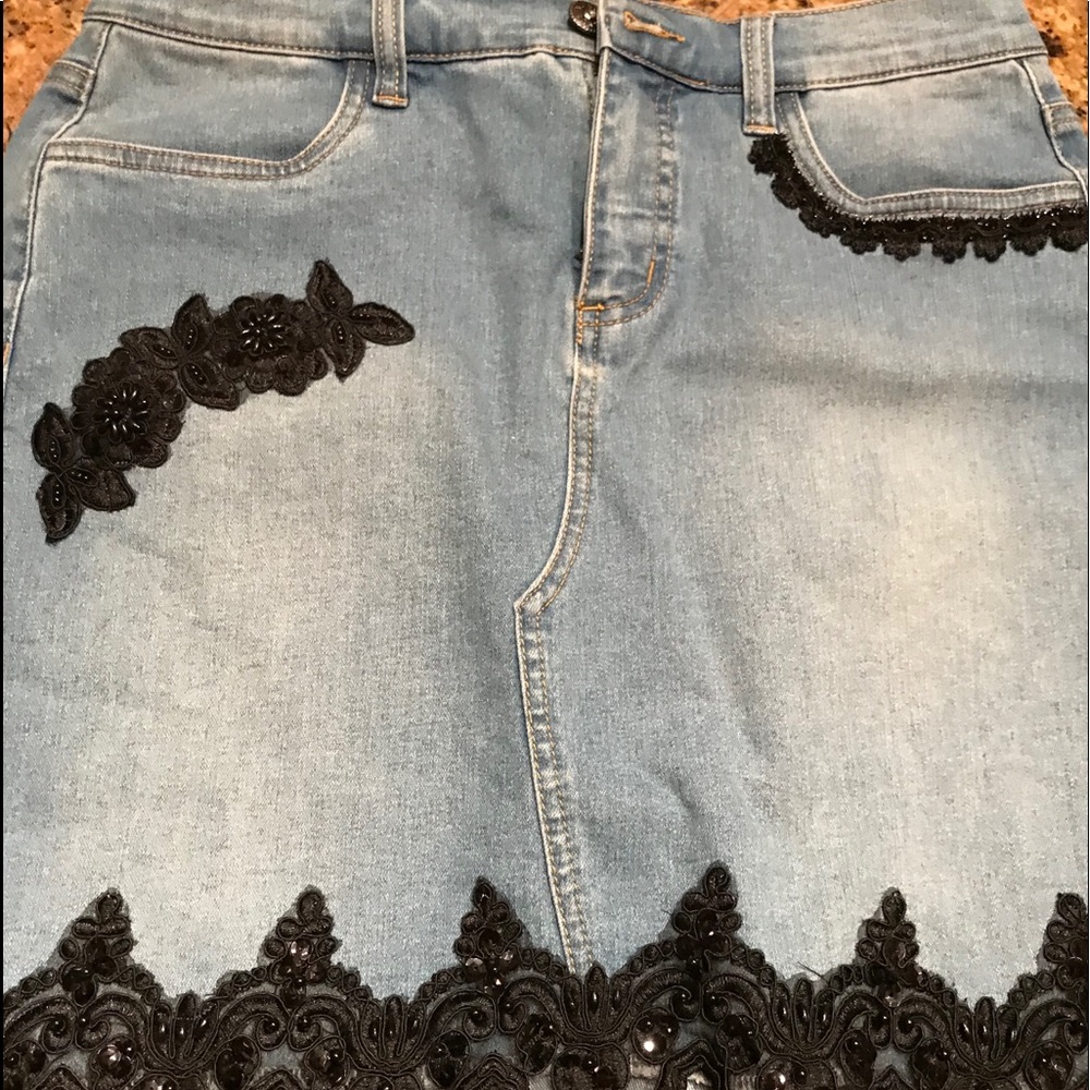 Venus denim skirt with black lace trim